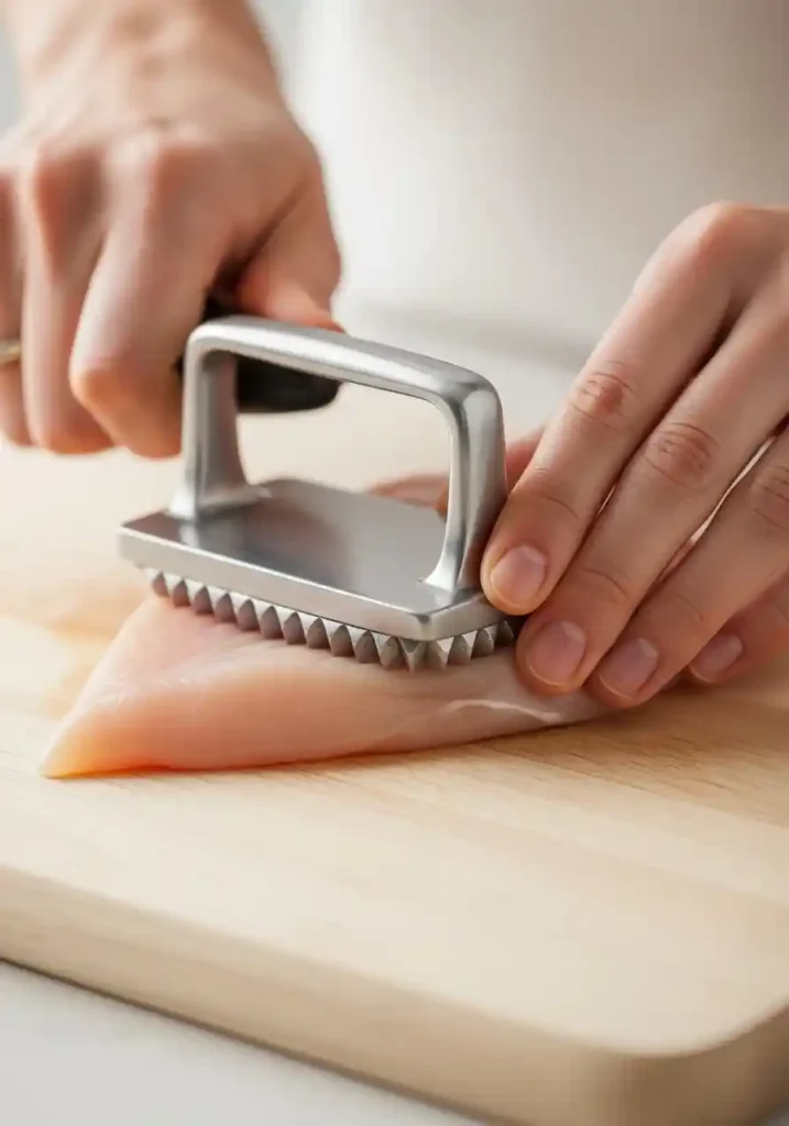 Hands pounding a raw chicken breast with a flat meat tenderizer on a cutting board to create thin, even cutlets.