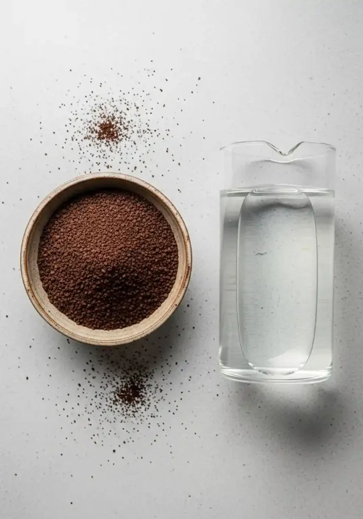 Flat lay of ingredients: a ceramic bowl filled with coarse coffee grounds and a clear glass carafe of filtered water on a light gray slate surface.