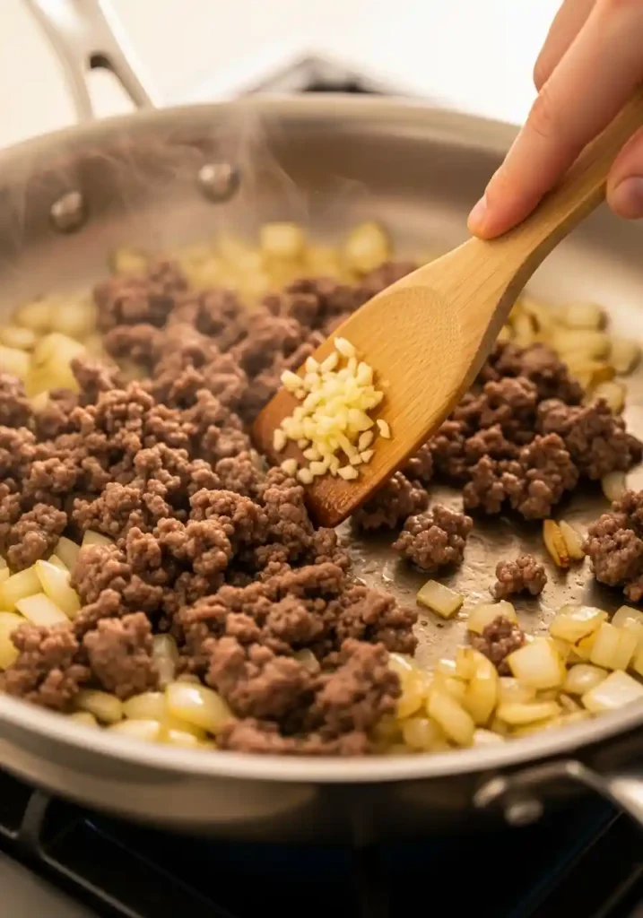 Close-up of ground beef, chopped onions, and minced garlic browning together in a silver skillet.