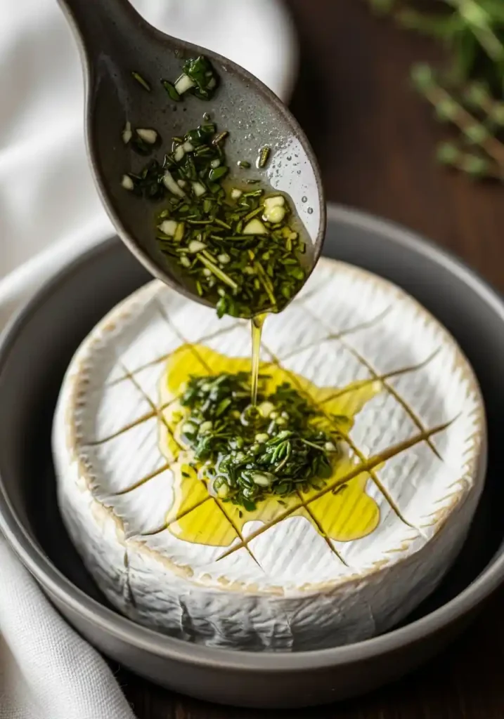 Overhead view of the herb and oil mixture being spooned carefully over the scored brie wheel.