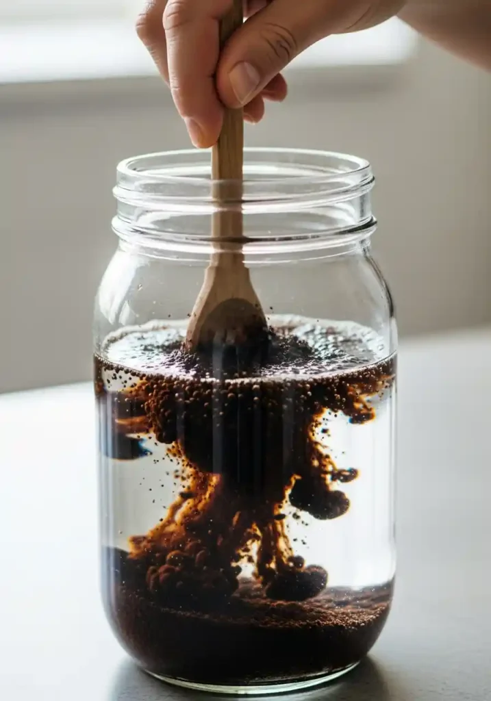 Hand stirring coarse coffee grounds into filtered water inside a large glass mason jar to start the cold brew steeping process.