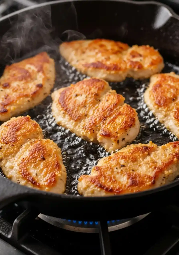 Close-up of thin-sliced chicken breast cutlets searing to a golden brown in a hot cast-iron skillet on a stovetop.