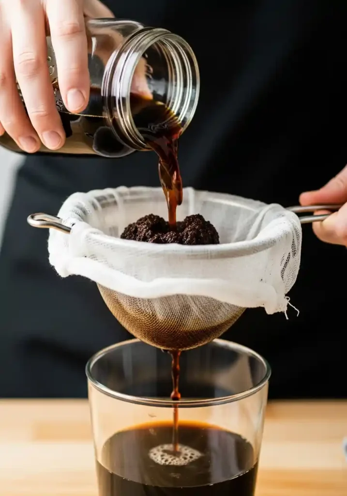 Dark, steeped coffee mixture being slowly poured through a cheesecloth-lined fine-mesh sieve into a glass bowl to remove large coffee grounds.