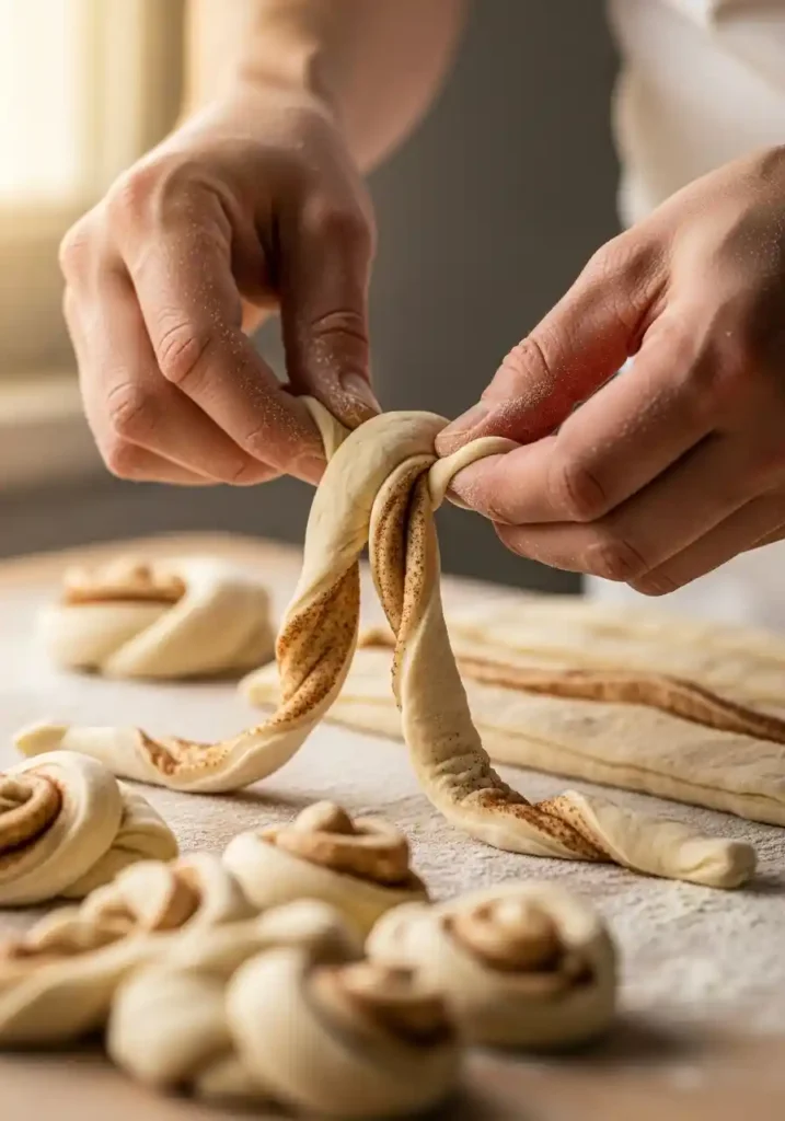 Close-up of hands twisting a strip of cinnamon-filled dough into a loose, rustic knot shape.