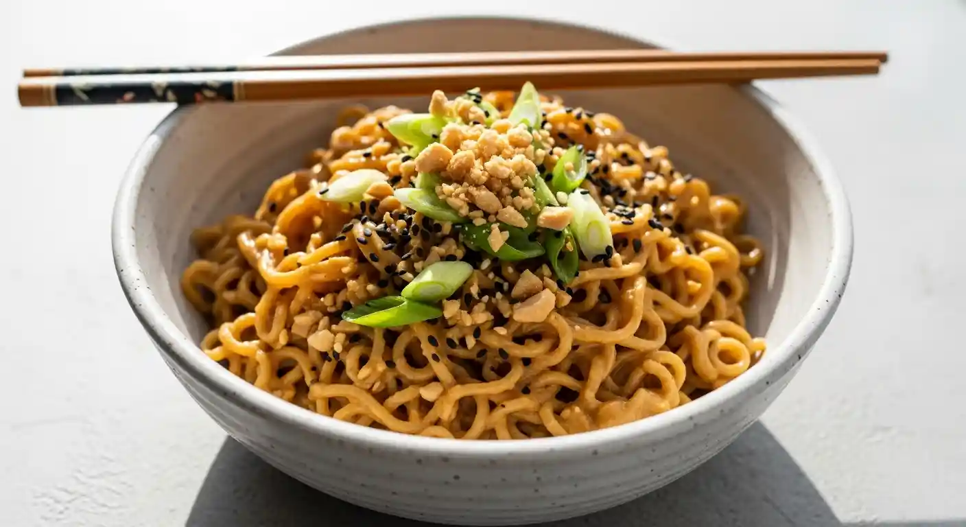 A large bowl of Healthy Peanut Butter Ramen Noodles garnished with crushed peanuts, green onions, and sesame seeds, ready to eat.