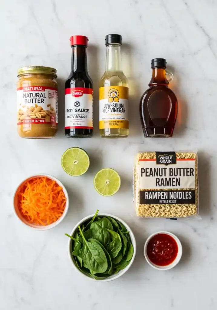 Overhead flat lay shot of all ingredients for Healthy Peanut Butter Ramen Noodles , including peanut butter, soy sauce, noodles, carrots, and lime.
