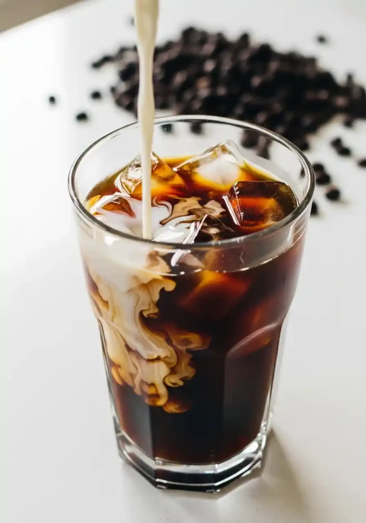 Tall glass of iced cold brew coffee with a visible swirl of oat milk being poured into it, set on a bright white counter.