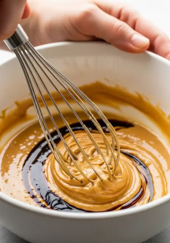 Close-up of a hand whisking peanut butter, soy sauce, and sweeteners in a bowl to create the ramen sauce base.