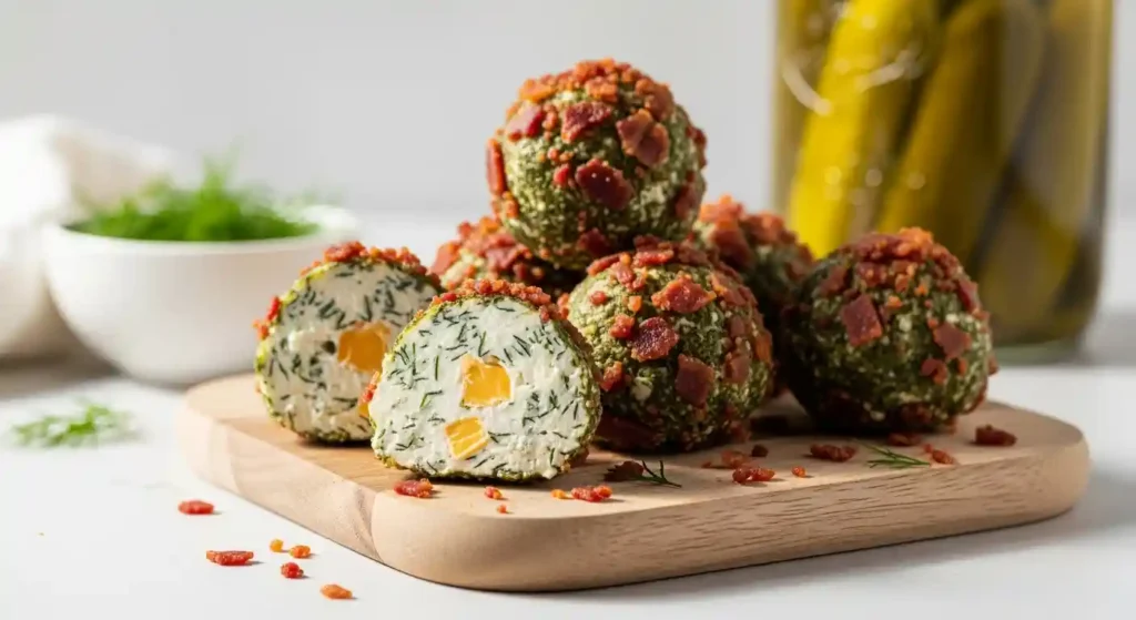 Savory Dill Pickle Fat Bombs coated in crispy bacon crumbles, served on a light wooden board, with one fat bomb sliced open.