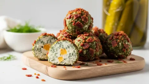 Savory Dill Pickle Fat Bombs coated in crispy bacon crumbles, served on a light wooden board, with one fat bomb sliced open.