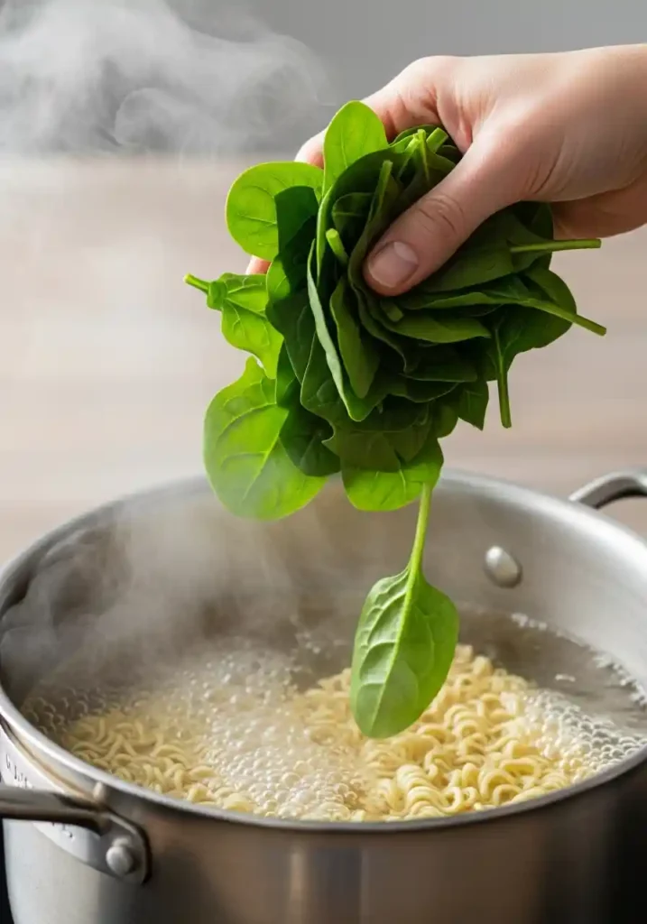 A hand adds fresh spinach leaves into a pot of boiling water containing ramen noodles to lightly blanch the greens.