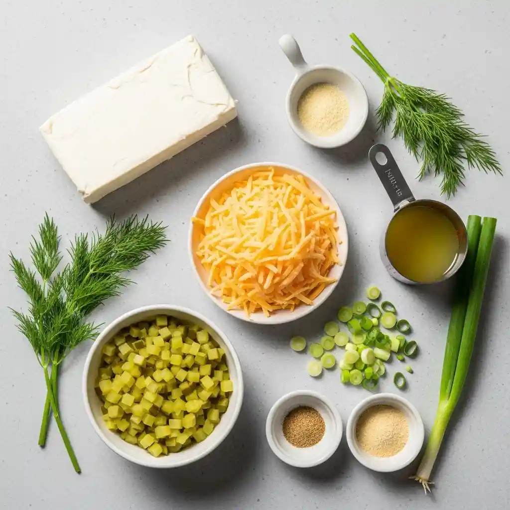 Overhead view of ingredients for fat bombs: cream cheese block, shredded cheddar, diced pickles, fresh dill, green onions, and spices laid out on a gray background.
