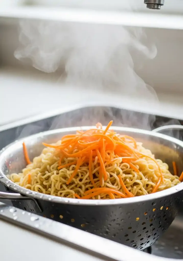 Cooked ramen noodles and shredded carrots steaming in a stainless steel colander after being drained in the sink.