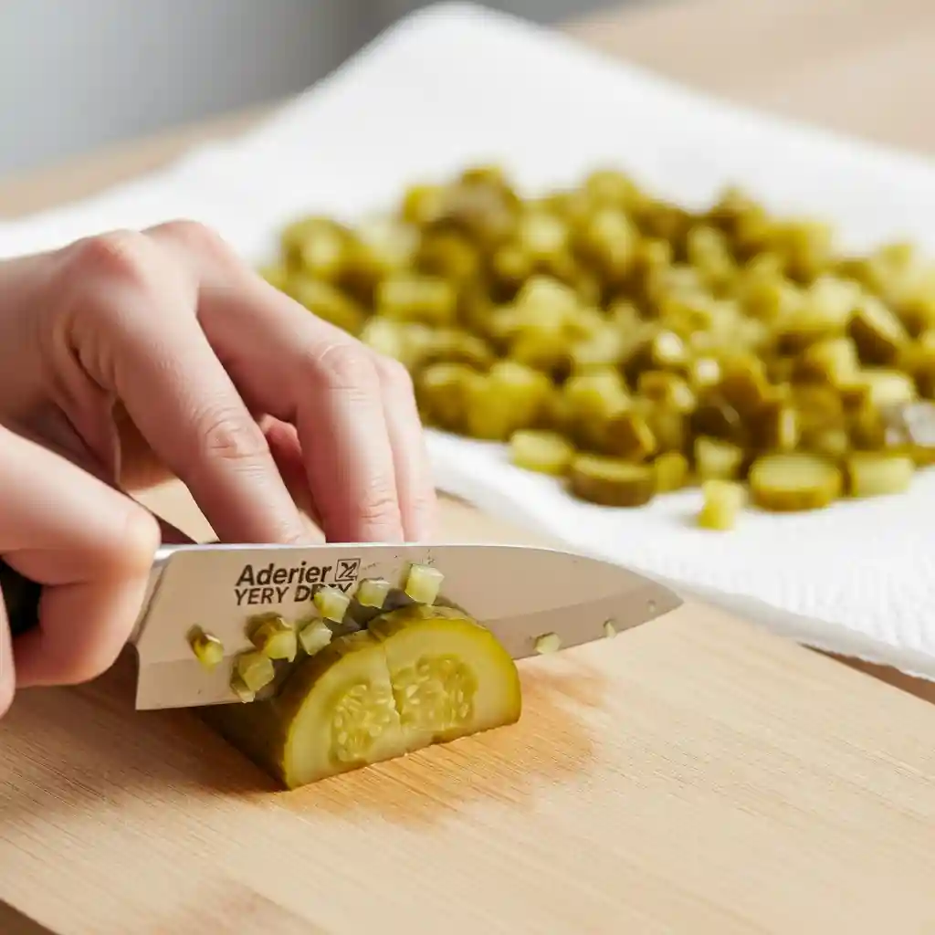 Hands dicing dill pickles on a wooden cutting board, with diced pickles resting on paper towels to ensure they are dry.