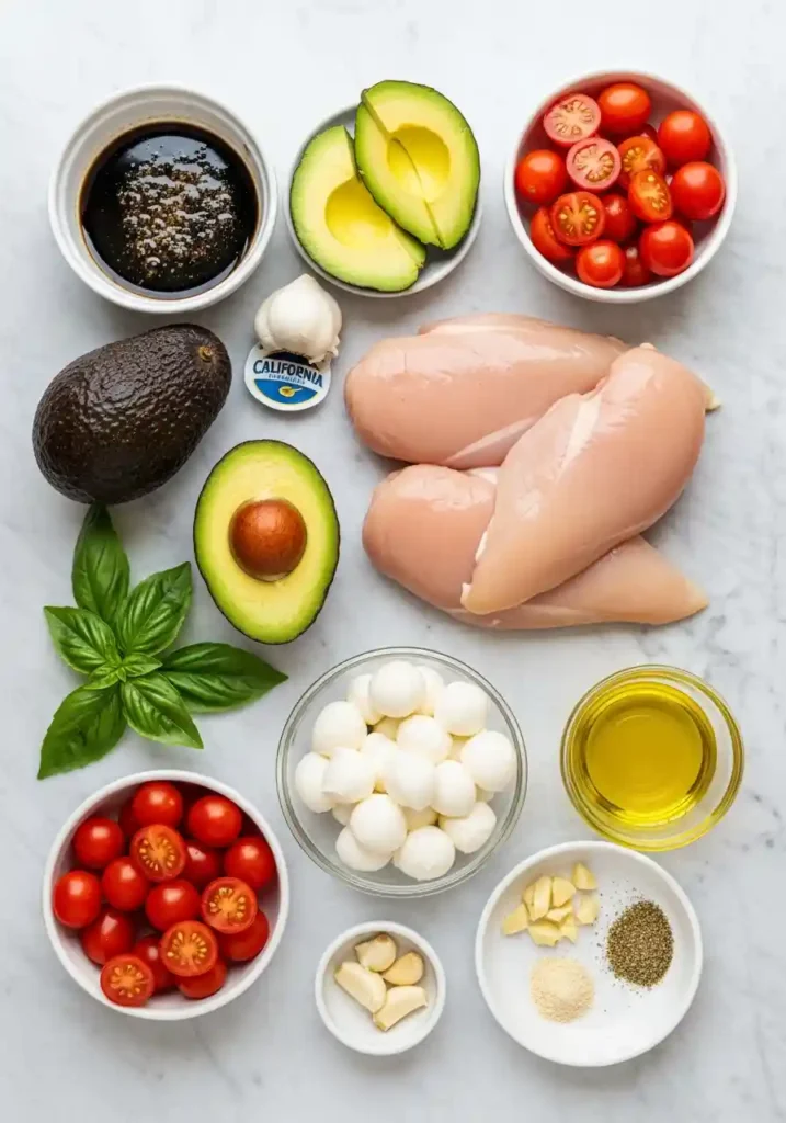 Flat lay arrangement of ingredients: Grilled California Avocado Chicken   breasts, avocados, tomatoes, mozzarella, basil, and marinade ingredients.
