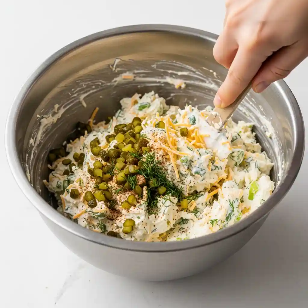 Stainless steel bowl containing cream cheese, cheddar, diced pickles, and dill being thoroughly mixed with a spatula.