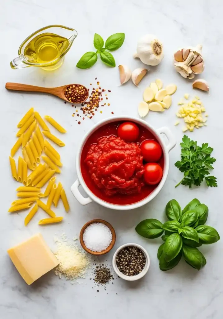 Flat lay of all ingredients for Arrabbiata Pasta, including San Marzano tomatoes, penne pasta, garlic, olive oil, and crushed red pepper flakes.