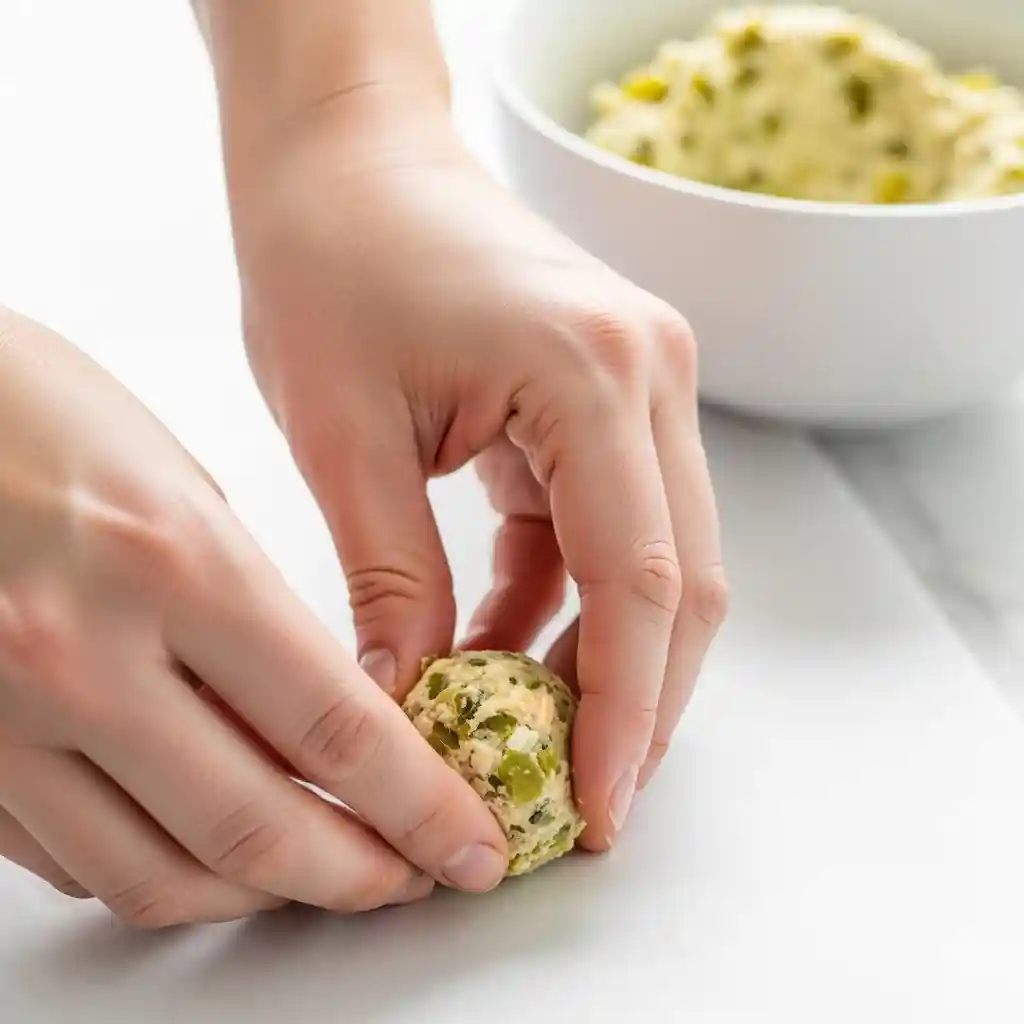 Hands rolling a scoop of chilled, green-flecked cream cheese mixture into a small, spherical fat bomb on a parchment-lined tray.The mixture should be firm enough to roll quickly without sticking. Uniform size makes for better presentation!