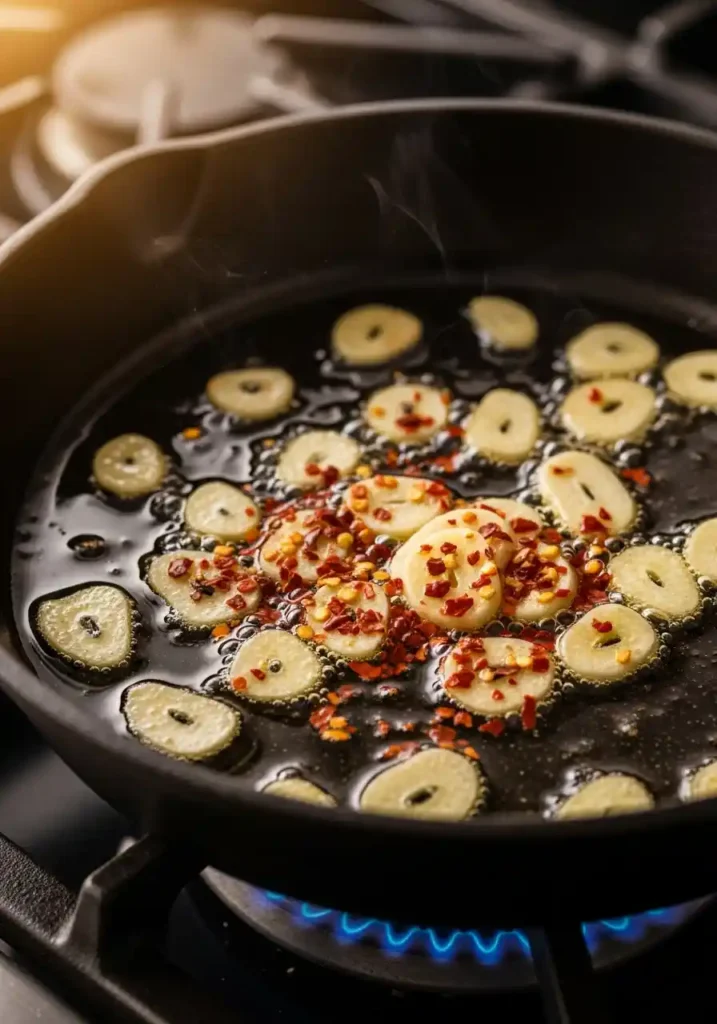 Close-up of sliced garlic and crushed red pepper flakes infusing in olive oil in a black skillet over low heat.