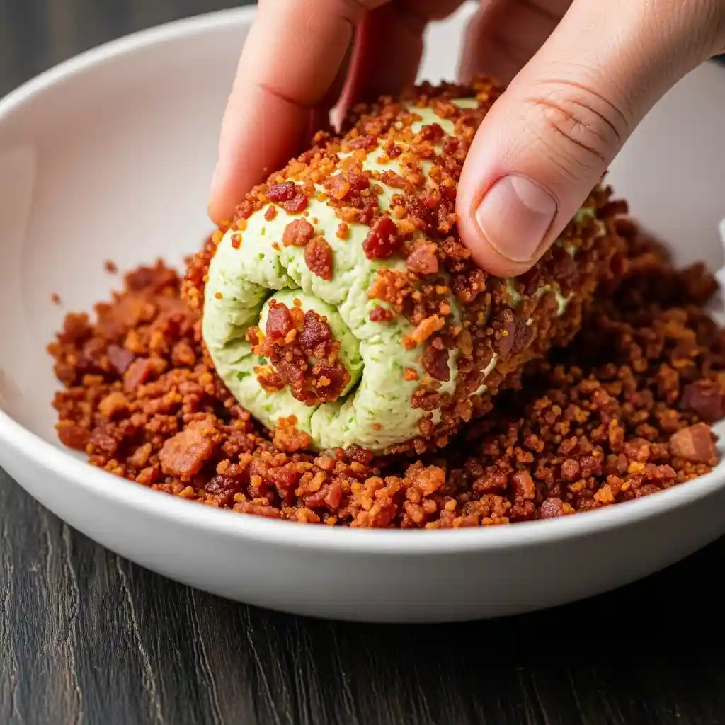 Fat bomb being rolled in a bowl of finely crumbled, crispy cooked bacon until fully coated.