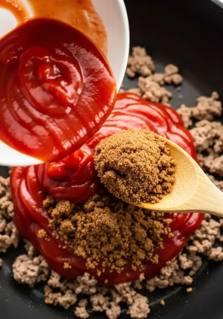 Ketchup and brown sugar being stirred into cooked ground beef in a large skillet.