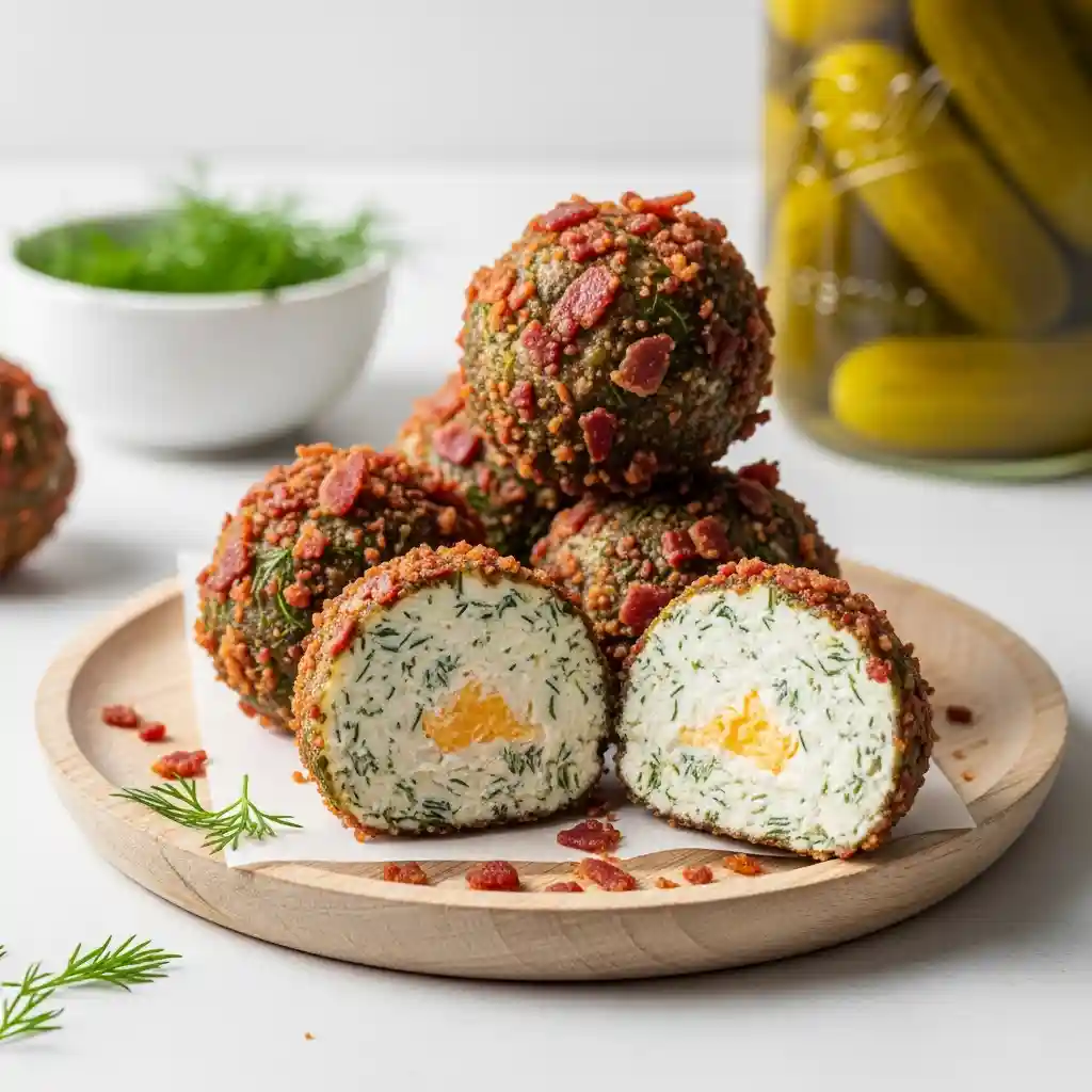 Savory Dill Pickle Fat Bombs coated in crispy bacon crumbles, served on a light wooden board, with one fat bomb sliced open.