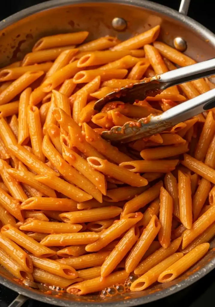 Penne pasta being vigorously tossed in a skillet with the vibrant red Arrabbiata sauce and reserved starchy water.