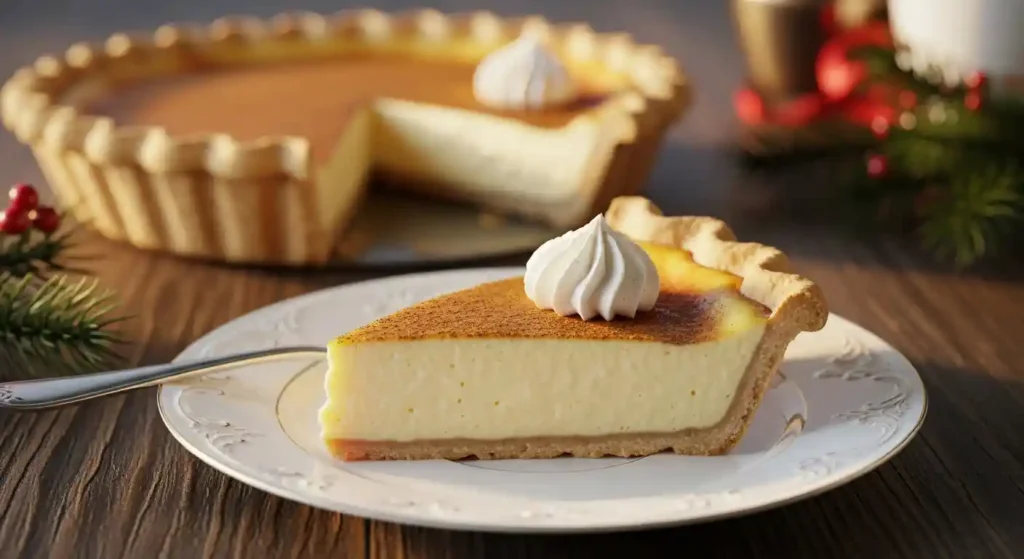 A close-up of a perfectly sliced piece of creamy Cinnamon Vanilla Custard Pie garnished with whipped cream and cinnamon, ready for serving.