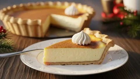 A close-up of a perfectly sliced piece of creamy Cinnamon Vanilla Custard Pie garnished with whipped cream and cinnamon, ready for serving.