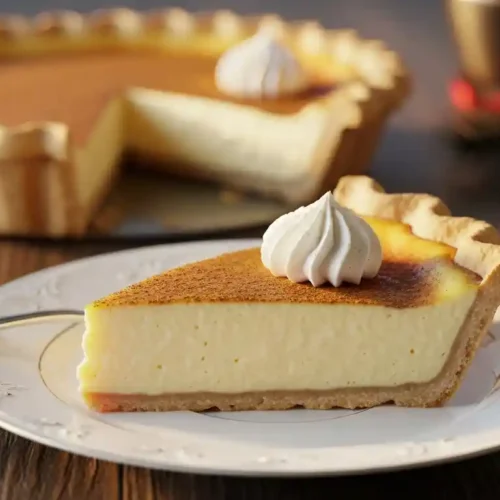 A close-up of a perfectly sliced piece of creamy Cinnamon Vanilla Custard Pie garnished with whipped cream and cinnamon, ready for serving.