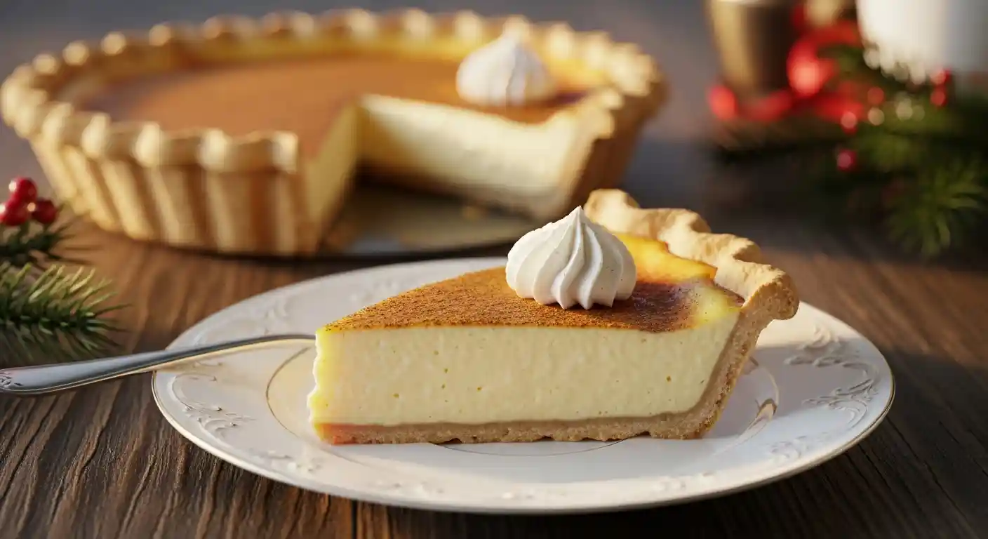 A close-up of a perfectly sliced piece of creamy Cinnamon Vanilla Custard Pie garnished with whipped cream and cinnamon, ready for serving.