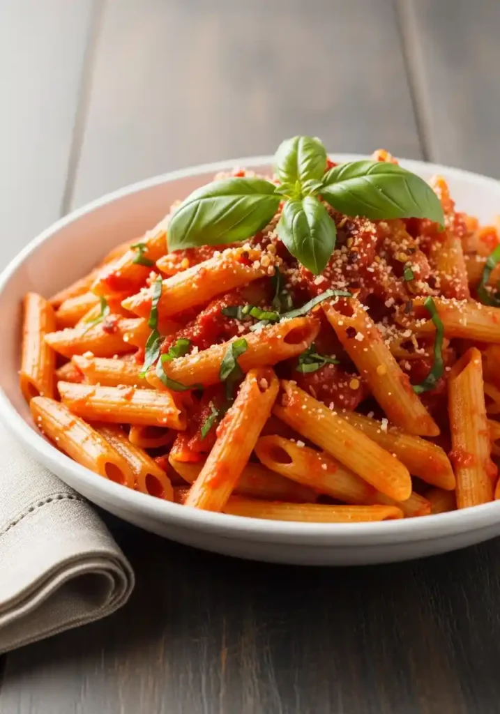 A wide, close-up view of vibrant red Spicy Arrabbiata Penne Pasta garnished with fresh basil in a white ceramic bowl.