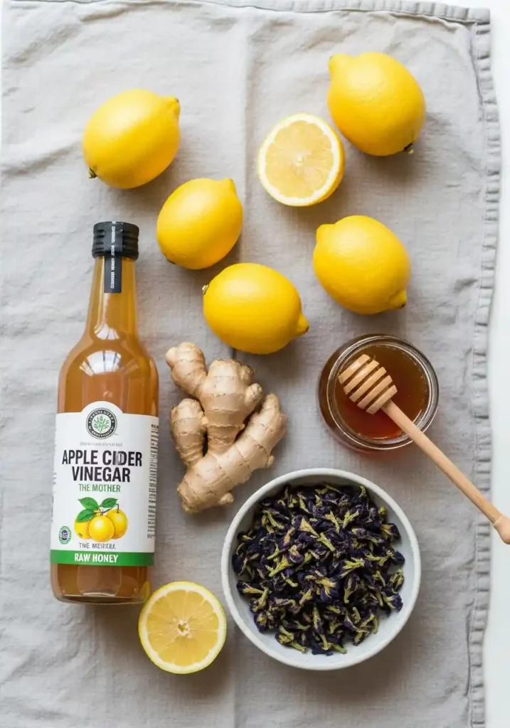 Overhead view of recipe ingredients: Apple Cider Vinegar, fresh lemon, raw ginger, raw honey, and dried butterfly pea flowers.