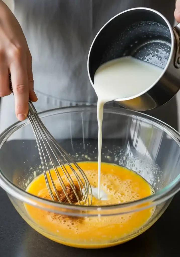 A hand vigorously whisking eggs while slowly pouring in hot milk to temper the mixture for the custard filling.