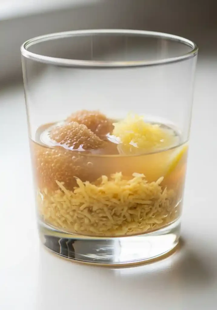 Grated ginger, lemon juice, and ACV settling at the bottom of a clear glass.