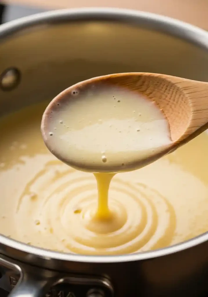 Close-up of the smooth custard filling thickening in a saucepan, demonstrating the correct consistency by coating the back of a spoon.