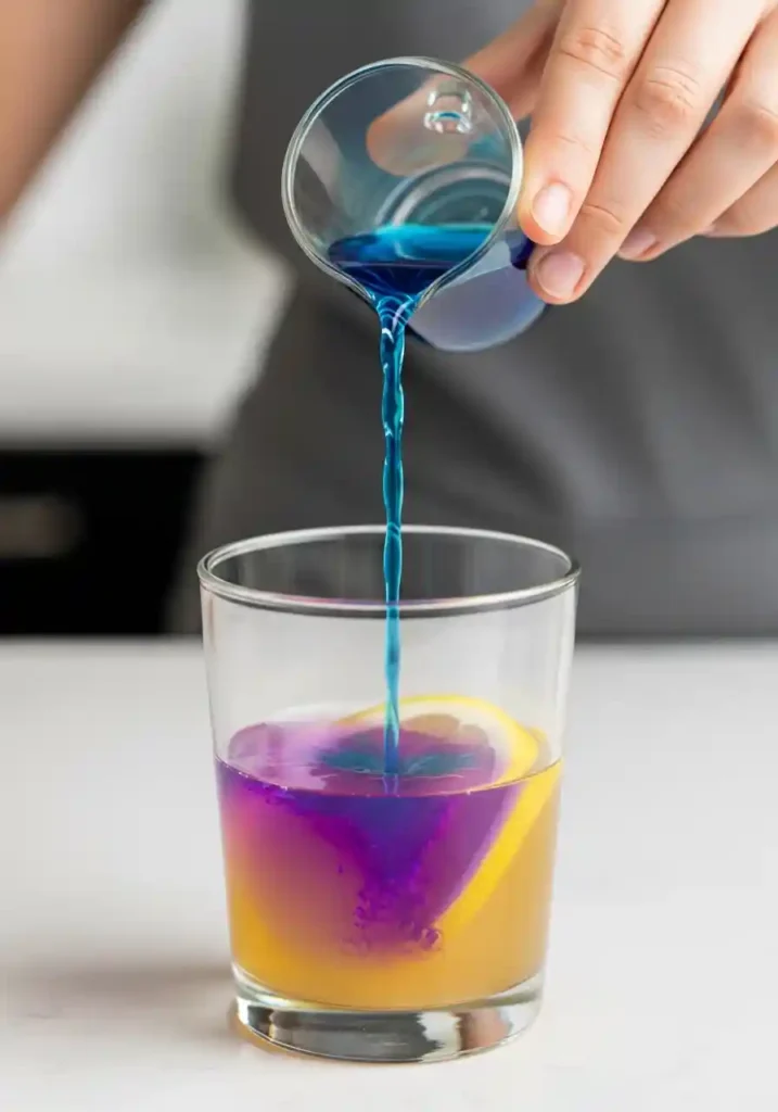 Blue tea being poured from a glass pitcher into a clear glass containing the ACV mixture, instantly changing the liquid color to a beautiful purple.