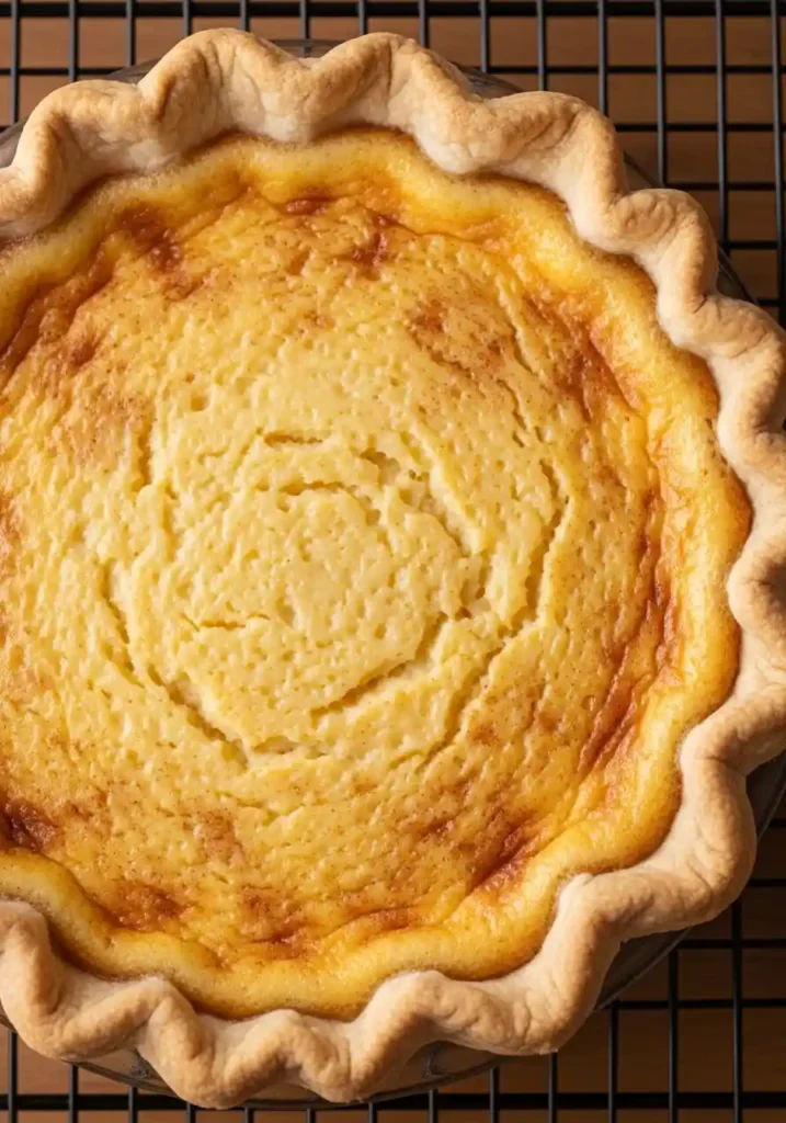 Freshly baked Cinnamon Vanilla Custard Pie cooling on a wire rack, showing the set edges and slightly wobbly center.