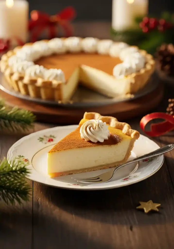 A close-up of a perfectly sliced piece of creamy Cinnamon Vanilla Custard Pie garnished with whipped cream and cinnamon, ready for serving.