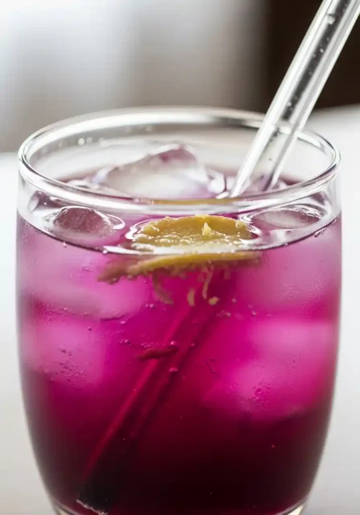 Final mixed purple wellness tonic being stirred with a glass straw and ice cubes, ready to drink.