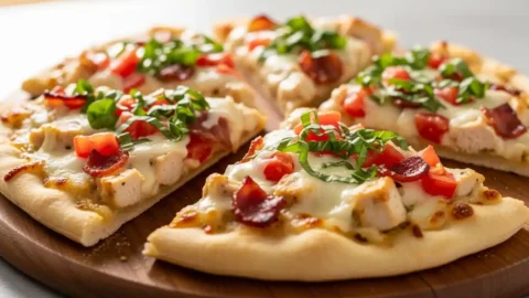 A 16:9 featured image showing a sliced Chicken Alfredo Flatbread Pizza garnished with fresh basil on a rustic wooden board, highlighting melted cheese and golden crust.