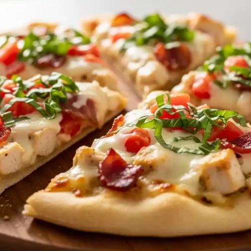 A 16:9 featured image showing a sliced Chicken Alfredo Flatbread Pizza garnished with fresh basil on a rustic wooden board, highlighting melted cheese and golden crust.