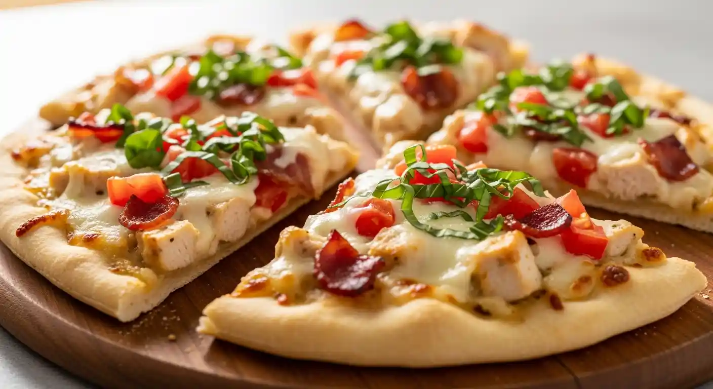 A 16:9 featured image showing a sliced Chicken Alfredo Flatbread Pizza garnished with fresh basil on a rustic wooden board, highlighting melted cheese and golden crust.