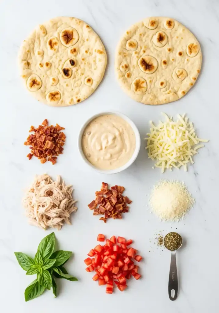 Flat lay of ingredients for the flatbread pizza, including Naan, Alfredo sauce in a bowl, shredded mozzarella, cooked chicken, bacon crumbles, diced tomatoes, and fresh basil.