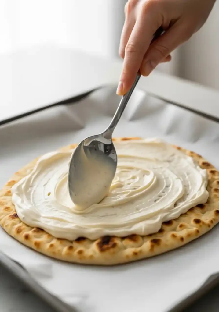 A hand spreading white Alfredo sauce over a Naan flatbread base using a silver spoon as the first step in assembling the pizza.