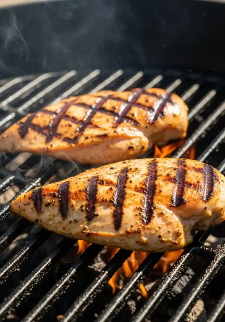 Close-up of diced avocados, cherry tomatoes, and basil being gently mixed in a silver bowl.The quick, fresh topping provides the essential cooling contrast to the warm grilled chicken.