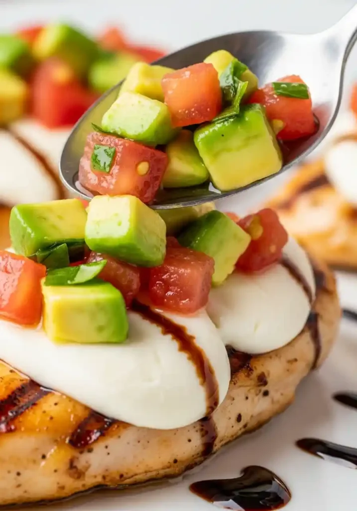 Extreme close-up of fresh avocado and tomato salsa being spooned onto grilled chicken and melted mozzarella.