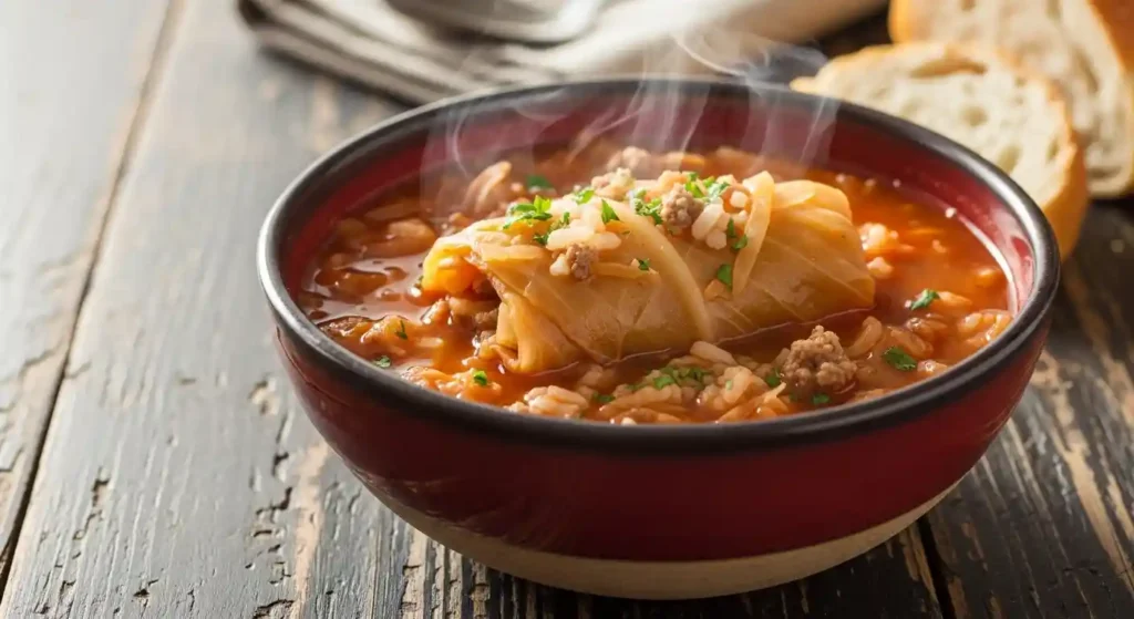 Close-up of a rustic bowl of steaming, rich red Crockpot Cabbage Roll Soup garnished with fresh parsley on a wooden table.