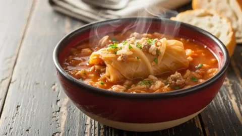 Close-up of a rustic bowl of steaming, rich red Crockpot Cabbage Roll Soup garnished with fresh parsley on a wooden table.