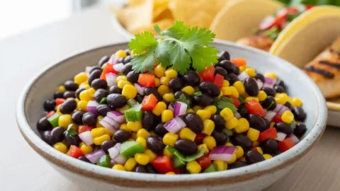 Close-up of vibrant black bean and corn relish in a rustic bowl, garnished with cilantro, with blurred tortilla chips and a taco in the background.Brighten your table with this fresh and flavorful Black Bean and Corn Relish – perfect for any occasion!
